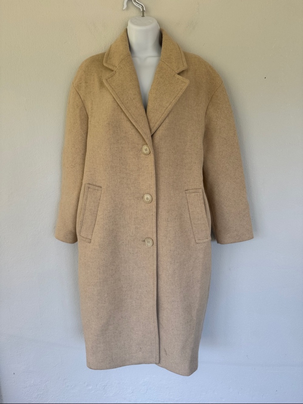 Zara beige cream wool blend longline button up winter peacoat size XS - Picture 3 of 15